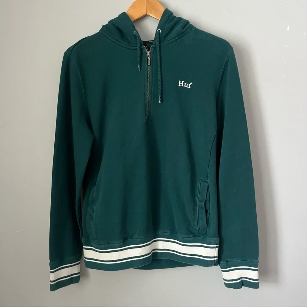 HUF Worldwide Relay French Terry Jade Green Quarter Zip Pullover Hoodie Size S - Picture 2 of 16